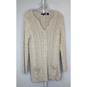 Vintage Jeanne Pierre Women’s L Beige Cable Knit Cotton Sweater Tunic Pockets